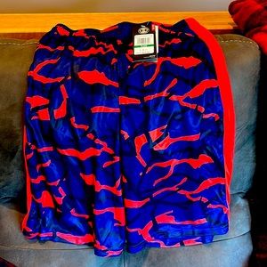 Red blue and black camo print nylon shorts